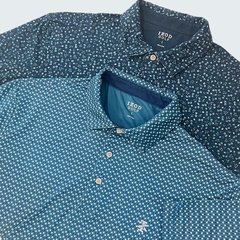 Izod Lot of 2 Men Golf Polo Shirts L Blue Teal All Over Print Stretch Activewear